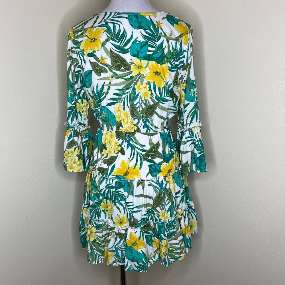 Blue Island Mini Dress SMALL Floral Tropical Plunge Hawaiian Bell Sleeve Resort - Picture 3 of 9